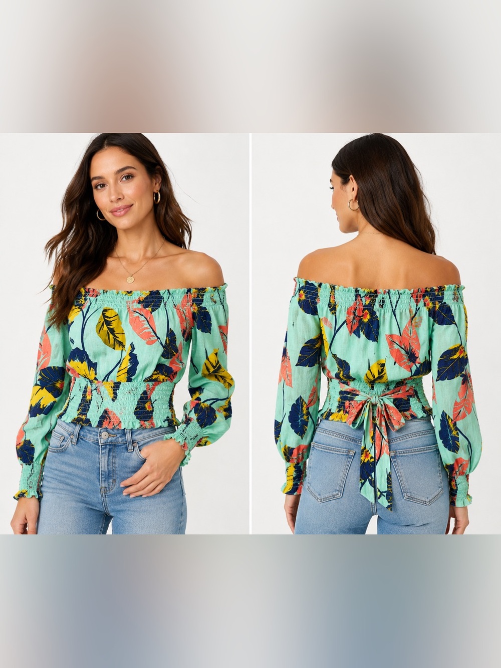 EXPRESS Tropical Floral Linen Blend Off Shoulder Smocked Top Size L